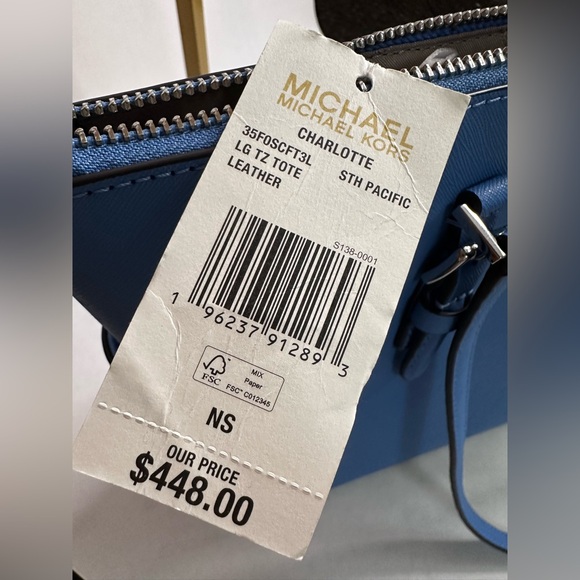 NWT Michael Kors Charlotte Blue Saffiano Leather Tote Bag - Picture 6 of 12